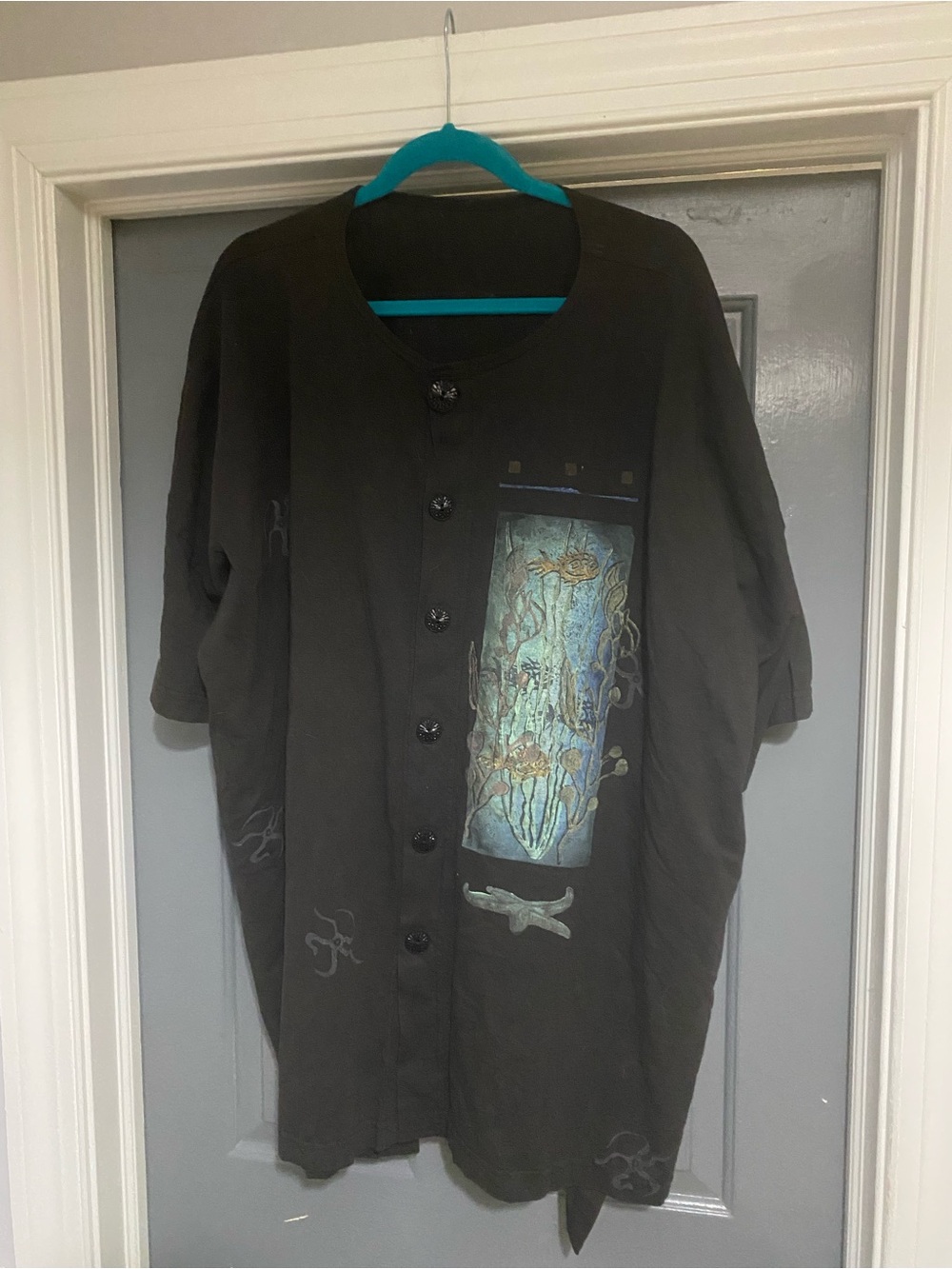Blue Fish Black Button Front Top with Aquatic Panel Artwork